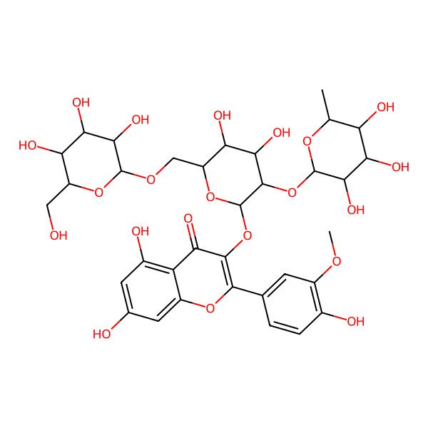 2D Structure of 3-[(2S,3R,4S,5R,6R)-4,5-dihydroxy-6-[[(2R,3R,4S,5R,6S)-3,4,5-trihydroxy-6-(hydroxymethyl)oxan-2-yl]oxymethyl]-3-[(2S,3S,4R,5R,6S)-3,4,5-trihydroxy-6-methyloxan-2-yl]oxyoxan-2-yl]oxy-5,7-dihydroxy-2-(4-hydroxy-3-methoxyphenyl)chromen-4-one