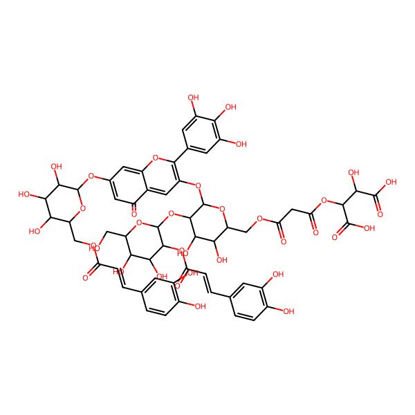 2D Structure of (2R,3S)-2-[3-[[(2R,3R,4S,5R,6S)-5-[(2S,3R,4S,5S,6R)-3-[3-(3,4-dihydroxyphenyl)prop-2-enoyloxy]-4,5-dihydroxy-6-(hydroxymethyl)oxan-2-yl]oxy-6-[7-[(2S,3S,4S,5S,6S)-6-[3-(3,4-dihydroxyphenyl)prop-2-enoyloxymethyl]-3,4,5-trihydroxyoxan-2-yl]oxy-5-oxo-2-(3,4,5-trihydroxyphenyl)chromen-3-yl]oxy-3,4-dihydroxyoxan-2-yl]methoxy]-3-oxopropanoyl]oxy-3-hydroxybutanedioic acid