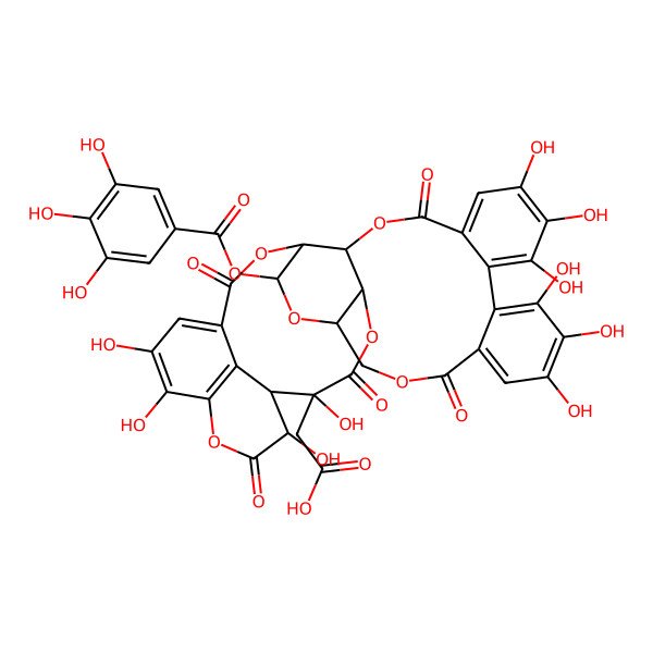 2D Structure of 2-[13,14,15,18,19,20,29,31,35,36-Decahydroxy-2,10,23,28,32-pentaoxo-5-(3,4,5-trihydroxybenzoyl)oxy-3,6,9,24,27,33-hexaoxaheptacyclo[28.7.1.04,25.07,26.011,16.017,22.034,38]octatriaconta-1(37),11,13,15,17,19,21,34(38),35-nonaen-29-yl]acetic acid