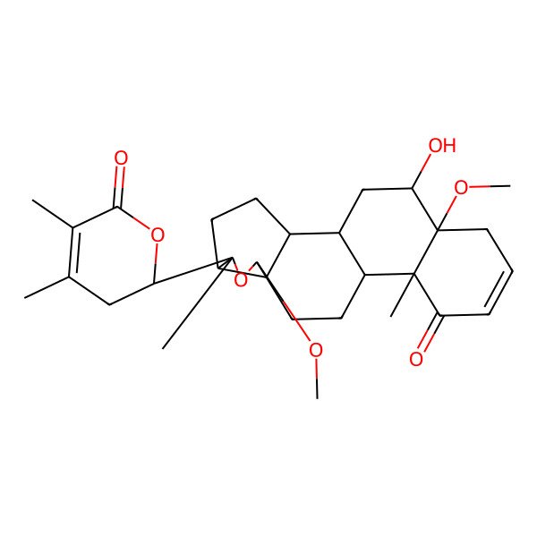 2D Structure of 6-(4,5-Dimethyl-6-oxo-2,3-dihydropyran-2-yl)-19-hydroxy-8,18-dimethoxy-6,13-dimethyl-7-oxapentacyclo[10.8.0.02,9.05,9.013,18]icos-15-en-14-one