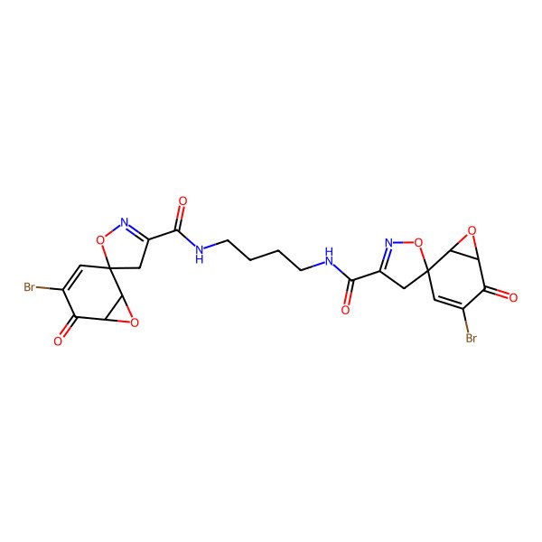 2D Structure of (1'S,5R,6'R)-4'-bromo-N-[4-[[(1'S,5S,6'R)-4'-bromo-5'-oxospiro[4H-1,2-oxazole-5,2'-7-oxabicyclo[4.1.0]hept-3-ene]-3-carbonyl]amino]butyl]-5'-oxospiro[4H-1,2-oxazole-5,2'-7-oxabicyclo[4.1.0]hept-3-ene]-3-carboxamide