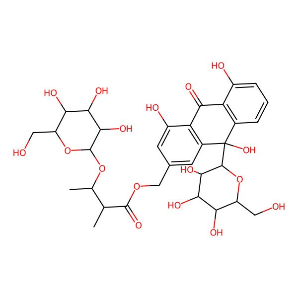2D Structure of [(9S)-4,5,9-trihydroxy-10-oxo-9-[(2R,3R,4S,5S,6R)-3,4,5-trihydroxy-6-(hydroxymethyl)oxan-2-yl]anthracen-2-yl]methyl (2R,3S)-2-methyl-3-[(2R,3R,4S,5S,6R)-3,4,5-trihydroxy-6-(hydroxymethyl)oxan-2-yl]oxybutanoate