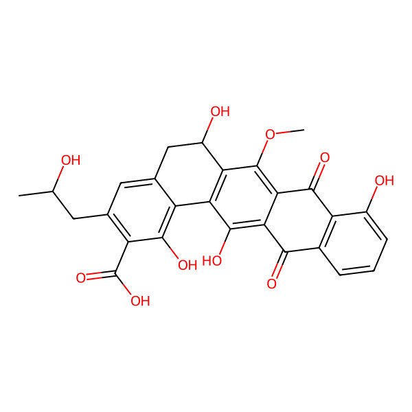 2D Structure of (6S)-1,6,9,14-tetrahydroxy-3-[(2S)-2-hydroxypropyl]-7-methoxy-8,13-dioxo-5,6-dihydrobenzo[a]tetracene-2-carboxylic acid