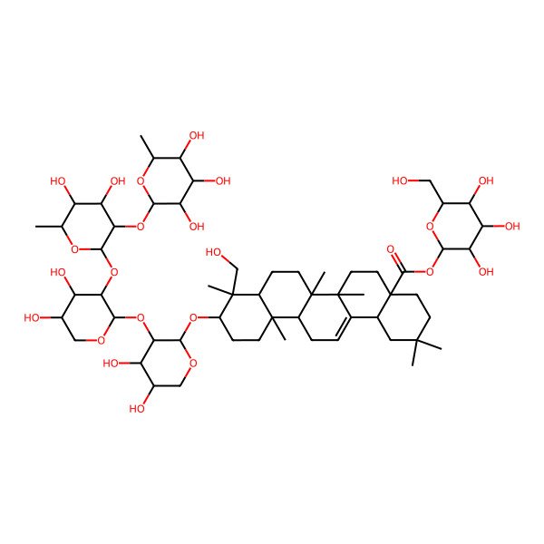 2D Structure of [3,4,5-Trihydroxy-6-(hydroxymethyl)oxan-2-yl] 10-[3-[3-[4,5-dihydroxy-6-methyl-3-(3,4,5-trihydroxy-6-methyloxan-2-yl)oxyoxan-2-yl]oxy-4,5-dihydroxyoxan-2-yl]oxy-4,5-dihydroxyoxan-2-yl]oxy-9-(hydroxymethyl)-2,2,6a,6b,9,12a-hexamethyl-1,3,4,5,6,6a,7,8,8a,10,11,12,13,14b-tetradecahydropicene-4a-carboxylate