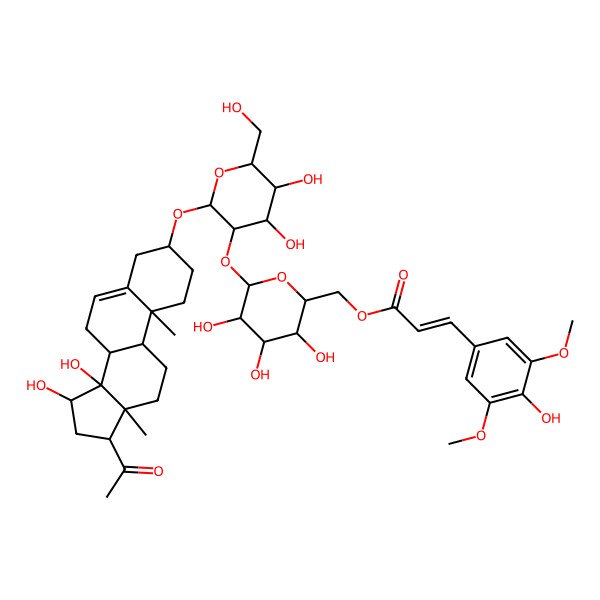 2D Structure of [(2R,3S,4S,5R,6S)-6-[(2R,3R,4S,5S,6R)-2-[(17-acetyl-14,15-dihydroxy-10,13-dimethyl-1,2,3,4,7,8,9,11,12,15,16,17-dodecahydrocyclopenta[a]phenanthren-3-yl)oxy]-4,5-dihydroxy-6-(hydroxymethyl)oxan-3-yl]oxy-3,4,5-trihydroxyoxan-2-yl]methyl (Z)-3-(4-hydroxy-3,5-dimethoxyphenyl)prop-2-enoate