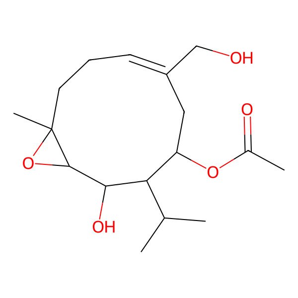 2D Structure of [(1S,2S,3R,4R,6E,10R)-2-hydroxy-6-(hydroxymethyl)-10-methyl-3-propan-2-yl-11-oxabicyclo[8.1.0]undec-6-en-4-yl] acetate