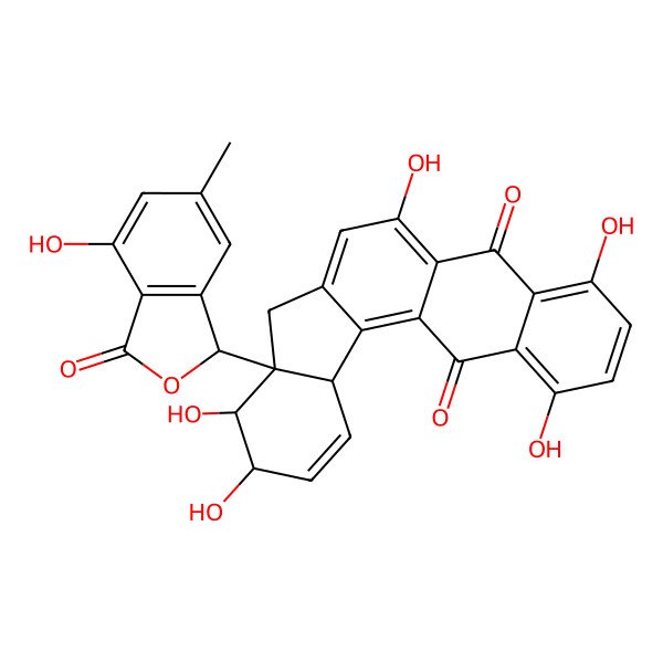2D Structure of 1,4,6,9,10-pentahydroxy-8a-(4-hydroxy-6-methyl-3-oxo-1H-isobenzofuran-1-yl)-8,9,10,12a-tetrahydroindeno[1,2-a]anthracene-5,13-dione