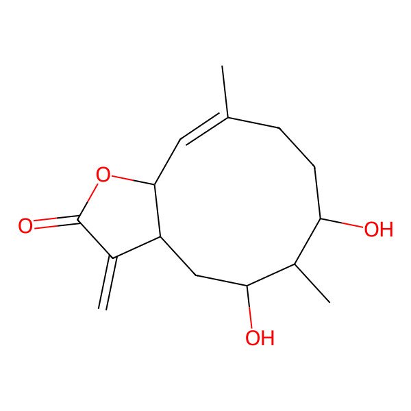 2D Structure of (3aS,5S,6R,7R,10E,11aR)-5,7-dihydroxy-6,10-dimethyl-3-methylidene-3a,4,5,6,7,8,9,11a-octahydrocyclodeca[b]furan-2-one