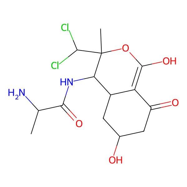 2D Structure of (2S)-N-[(3S,4R,4aR,6S)-3-(dichloromethyl)-1,6-dihydroxy-3-methyl-8-oxo-4a,5,6,7-tetrahydro-4H-isochromen-4-yl]-2-aminopropanamide