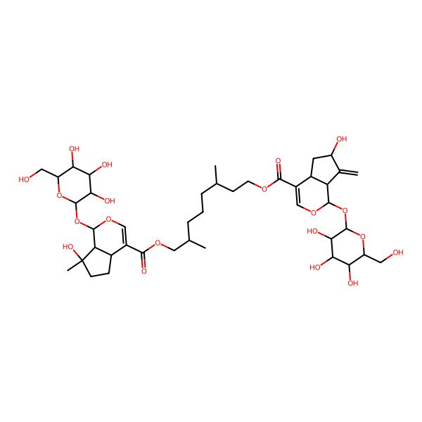 2D Structure of [(3R,7S)-8-[(1S,4aS,7S,7aS)-7-hydroxy-7-methyl-1-[(2S,3R,4S,5S,6R)-3,4,5-trihydroxy-6-(hydroxymethyl)oxan-2-yl]oxy-4a,5,6,7a-tetrahydro-1H-cyclopenta[c]pyran-4-carbonyl]oxy-3,7-dimethyloctyl] (1S,4aS,6S,7aS)-6-hydroxy-7-methylidene-1-[(2S,3R,4S,5S,6R)-3,4,5-trihydroxy-6-(hydroxymethyl)oxan-2-yl]oxy-4a,5,6,7a-tetrahydro-1H-cyclopenta[c]pyran-4-carboxylate