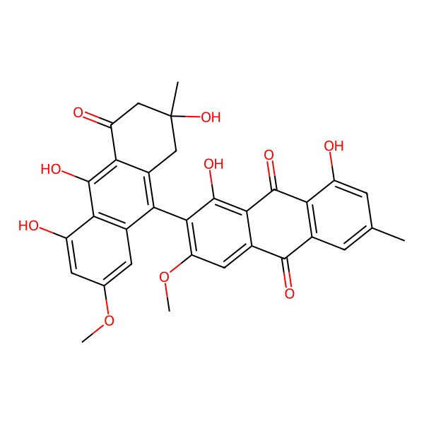 2D Structure of 1,8-Dihydroxy-3-methoxy-6-methyl-2-(2,5,10-trihydroxy-7-methoxy-2-methyl-4-oxo-1,3-dihydroanthracen-9-yl)anthracene-9,10-dione