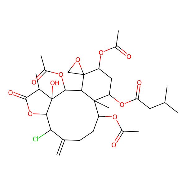 2D Structure of (2,12,16-Triacetyloxy-8-chloro-3-hydroxy-4,13-dimethyl-9-methylidene-5-oxospiro[6-oxatricyclo[11.4.0.03,7]heptadecane-17,2'-oxirane]-14-yl) 3-methylbutanoate
