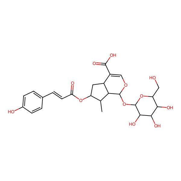 2D Structure of NCGC00169684-02_C25H30O12_(1S,4aS,6S,7R,7aS)-1-(beta-D-Glucopyranosyloxy)-6-{[(2E)-3-(4-hydroxyphenyl)-2-propenoyl]oxy}-7-methyl-1,4a,5,6,7,7a-hexahydrocyclopenta[c]pyran-4-carboxylic acid