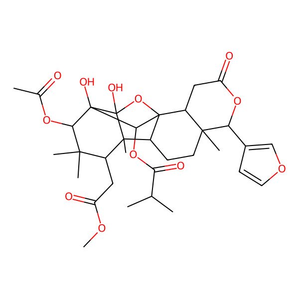 2D Structure of [(1S,2R,6R,7R,10R,11S,12S,14S,15S,16R,18R)-14-acetyloxy-6-(furan-3-yl)-15,16-dihydroxy-12-(2-methoxy-2-oxoethyl)-7,11,13,13-tetramethyl-4-oxo-5,17-dioxapentacyclo[13.2.1.01,10.02,7.011,16]octadecan-18-yl] 2-methylpropanoate