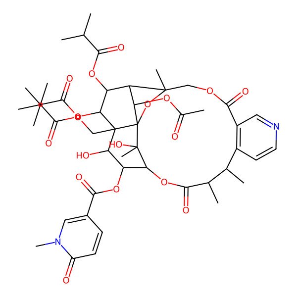 2D Structure of [24-Acetyloxy-19,25-dihydroxy-3,13,14,25-tetramethyl-21,22-bis(2-methylpropanoyloxy)-20-(2-methylpropanoyloxymethyl)-6,15-dioxo-2,5,16-trioxa-9-azapentacyclo[15.7.1.01,20.03,23.07,12]pentacosa-7(12),8,10-trien-18-yl] 1-methyl-6-oxopyridine-3-carboxylate
