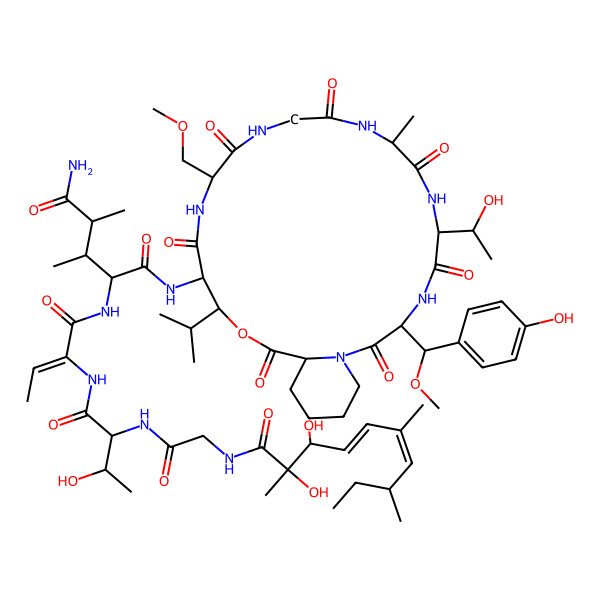 2D Structure of (2R,3S,4S)-4-[[(E)-2-[[(2R,3R)-2-[[2-[[(2S,3S,4Z,6E,8R)-2,3-dihydroxy-2,6,8-trimethyldeca-4,6-dienoyl]amino]acetyl]amino]-3-hydroxybutanoyl]amino]but-2-enoyl]amino]-N'-[(3R,6R,9S,15R,18R,19R,22S)-6-[(1R)-1-hydroxyethyl]-3-[(R)-(4-hydroxyphenyl)-methoxymethyl]-15-(methoxymethyl)-9-methyl-2,5,8,11,14,17,21-heptaoxo-19-propan-2-yl-20-oxa-1,4,7,10,13,16-hexazabicyclo[20.4.0]hexacosan-18-yl]-2,3-dimethylpentanediamide