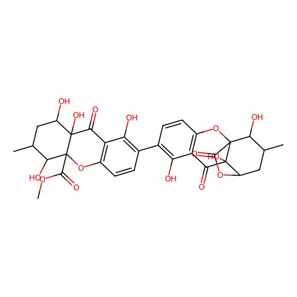 2D Structure of Methyl 1,4,8,9a-tetrahydroxy-3-methyl-9-oxo-7-(7,10,14-trihydroxy-13-methyl-9,15-dioxo-2,16-dioxatetracyclo[9.3.2.01,10.03,8]hexadeca-3(8),4,6-trien-6-yl)-1,2,3,4-tetrahydroxanthene-4a-carboxylate