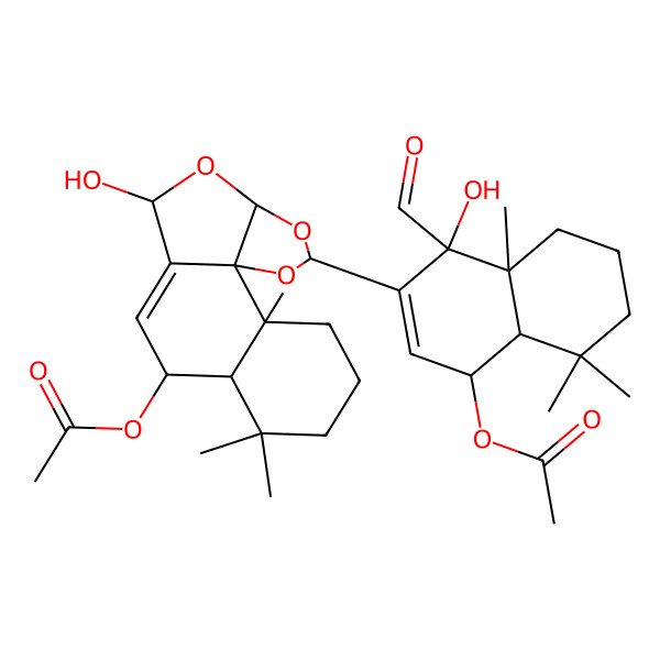 2D Structure of [(1S,2S,7S,8R,11R,13S,15R)-15-[(1S,4R,4aS,8aS)-4-acetyloxy-1-formyl-1-hydroxy-5,5,8a-trimethyl-4a,6,7,8-tetrahydro-4H-naphthalen-2-yl]-11-hydroxy-2,6,6-trimethyl-12,14,16-trioxatetracyclo[8.6.0.01,13.02,7]hexadec-9-en-8-yl] acetate