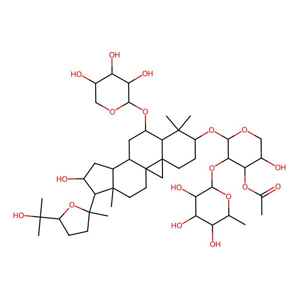 2D Structure of [(2S,3R,4S,5R)-5-hydroxy-2-[[(1S,3R,6S,8R,9S,11S,12S,14S,15R,16S)-14-hydroxy-15-[(2R,5S)-5-(2-hydroxypropan-2-yl)-2-methyloxolan-2-yl]-7,7,16-trimethyl-9-[(2S,3R,4S,5R)-3,4,5-trihydroxyoxan-2-yl]oxy-6-pentacyclo[9.7.0.01,3.03,8.012,16]octadecanyl]oxy]-3-[(2S,3R,4R,5R,6S)-3,4,5-trihydroxy-6-methyloxan-2-yl]oxyoxan-4-yl] acetate