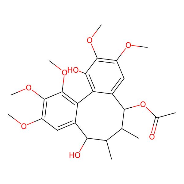 2D Structure of (3,11-Dihydroxy-4,5,14,15,16-pentamethoxy-9,10-dimethyl-8-tricyclo[10.4.0.02,7]hexadeca-1(16),2,4,6,12,14-hexaenyl) acetate
