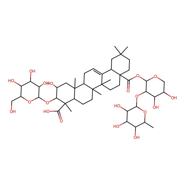 2D Structure of (2S,3R,4S,4aR,6aR,6bS,8aS,12aS,14aR,14bR)-8a-[(2S,3R,4S,5S)-4,5-dihydroxy-3-[(2S,3R,4R,5R,6S)-3,4,5-trihydroxy-6-methyloxan-2-yl]oxyoxan-2-yl]oxycarbonyl-2-hydroxy-4,6a,6b,11,11,14b-hexamethyl-3-[(2R,3R,4S,5S,6R)-3,4,5-trihydroxy-6-(hydroxymethyl)oxan-2-yl]oxy-1,2,3,4a,5,6,7,8,9,10,12,12a,14,14a-tetradecahydropicene-4-carboxylic acid