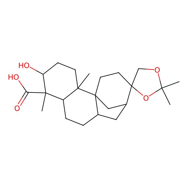 2D Structure of 5'-Hydroxy-2,2,2',6'-tetramethylspiro[1,3-dioxolane-4,13'-tetracyclo[10.3.1.01,10.02,7]hexadecane]-6'-carboxylic acid