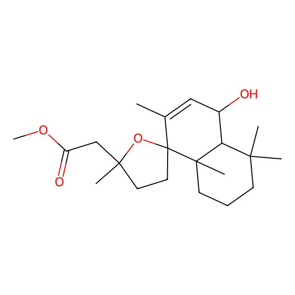 2D Structure of methyl 2-[(2'R,4aS,5S,8R,8aS)-5-hydroxy-2',4,4,7,8a-pentamethylspiro[2,3,4a,5-tetrahydro-1H-naphthalene-8,5'-oxolane]-2'-yl]acetate