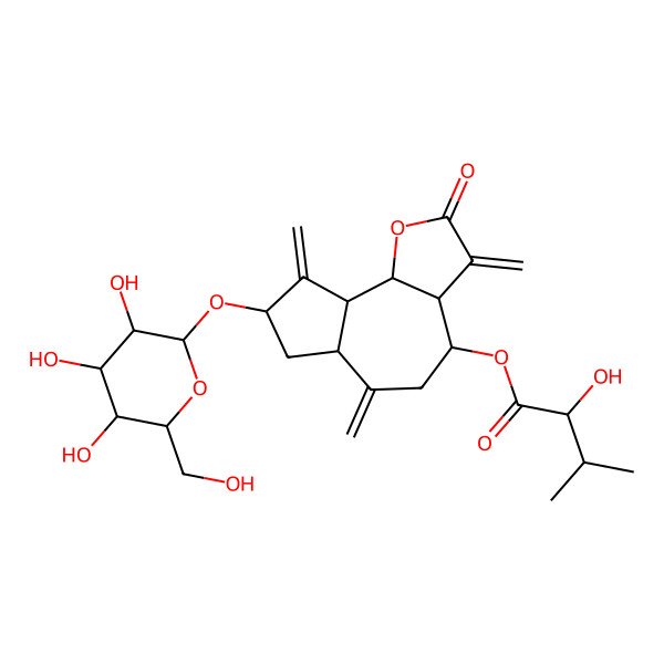 2D Structure of [(3aR,4R,6aR,8S,9aR,9bR)-3,6,9-trimethylidene-2-oxo-8-[(2R,3R,4S,5S,6R)-3,4,5-trihydroxy-6-(hydroxymethyl)oxan-2-yl]oxy-3a,4,5,6a,7,8,9a,9b-octahydroazuleno[4,5-b]furan-4-yl] 2-hydroxy-3-methylbutanoate