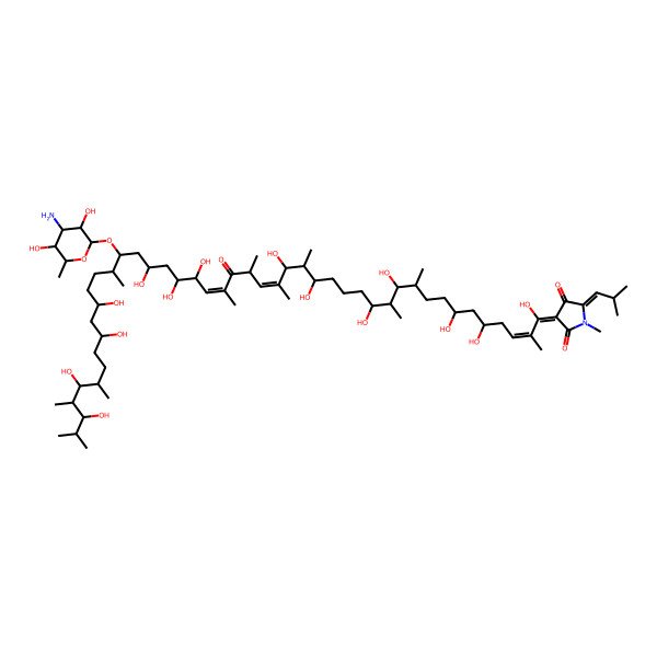 2D Structure of 3-[31-(4-Amino-3,5-dihydroxy-6-methyloxan-2-yl)oxy-1,5,7,11,13,17,19,26,27,29,35,37,41,43-tetradecahydroxy-2,10,12,18,20,22,24,32,40,42,44-undecamethyl-23-oxopentatetraconta-2,20,24-trienylidene]-1-methyl-5-(2-methylpropylidene)pyrrolidine-2,4-dione