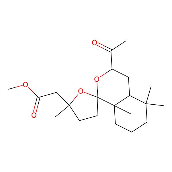 2D Structure of methyl 2-[(1R,2'R,3S,4aR,8aR)-3-acetyl-2',5,5,8a-tetramethylspiro[3,4,4a,6,7,8-hexahydroisochromene-1,5'-oxolane]-2'-yl]acetate