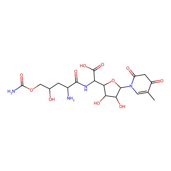 2D Structure of 2-[(2-Amino-5-carbamoyloxy-4-hydroxypentanoyl)amino]-2-[3,4-dihydroxy-5-(5-methyl-2,4-dioxo-1-pyridinyl)oxolan-2-yl]acetic acid