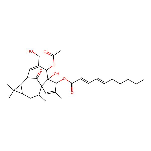 2D Structure of [(1S,4S,5R,6R,9S,10R,12R,14R)-6-acetyloxy-5-hydroxy-7-(hydroxymethyl)-3,11,11,14-tetramethyl-15-oxo-4-tetracyclo[7.5.1.01,5.010,12]pentadeca-2,7-dienyl] deca-2,4-dienoate