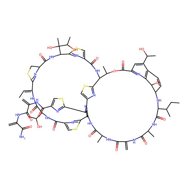 2D Structure of N-[3-[(3-amino-3-oxoprop-1-en-2-yl)amino]-3-oxoprop-1-en-2-yl]-2-[(1R)-37-butan-2-yl-18-(2,3-dihydroxybutan-2-yl)-11-ethylidene-59-hydroxy-8,31-bis(1-hydroxyethyl)-26,40,46-trimethyl-43-methylidene-6,9,16,23,28,38,41,44,47-nonaoxo-27-oxa-3,13,20,56-tetrathia-7,10,17,24,36,39,42,45,48,52,58,61,62,63,64-pentadecazanonacyclo[23.23.9.329,35.12,5.112,15.119,22.154,57.01,53.032,60]tetrahexaconta-2(64),4,12(63),19(62),21,29(61),30,32(60),33,51,54,57-dodecaen-51-yl]-1,3-thiazole-4-carboxamide