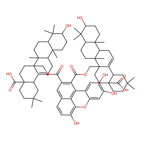 2D Structure of (4aS,6aR,6aR,6bR,8aR,10S,12aR,14bS)-6a-[[16-[[(4aS,6aR,6aR,6bR,8aR,10S,12aR,14bS)-4a-carboxy-10-hydroxy-2,2,6b,9,9,12a-hexamethyl-1,3,4,5,6,6a,7,8,8a,10,11,12,13,14b-tetradecahydropicen-6a-yl]methoxycarbonyl]-4,5,10-trihydroxy-8-oxatetracyclo[7.7.1.02,7.013,17]heptadeca-1(17),2,4,6,9,11,13,15-octaene-15-carbonyl]oxymethyl]-10-hydroxy-2,2,6b,9,9,12a-hexamethyl-1,3,4,5,6,6a,7,8,8a,10,11,12,13,14b-tetradecahydropicene-4a-carboxylic acid