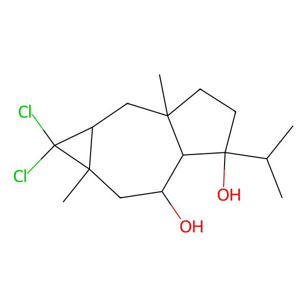 2D Structure of 1H-Cycloprop[f]azulene-5,6-diol, 1,1-dichlorodecahydro-2a,7a-dimethyl-5-(1-methylethyl)-, (1aR,2aR,5R,5aS,6S,7aS)-