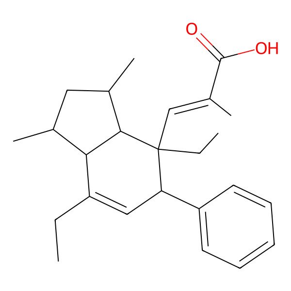2D Structure of (E)-3-[(1R,3R,3aS,4R,5R,7aS)-4,7-diethyl-1,3-dimethyl-5-phenyl-1,2,3,3a,5,7a-hexahydroinden-4-yl]-2-methylprop-2-enoic acid