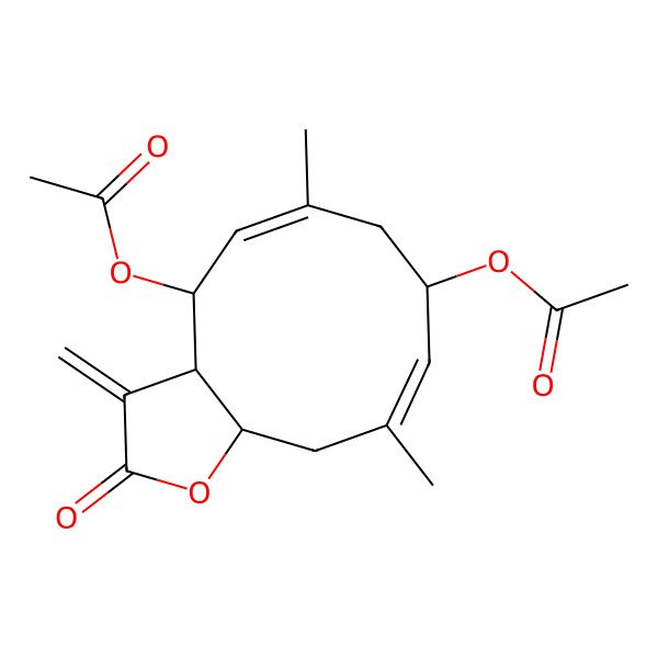 2D Structure of [(3aR,4R,5E,8R,9E,11aS)-4-acetyloxy-6,10-dimethyl-3-methylidene-2-oxo-3a,4,7,8,11,11a-hexahydrocyclodeca[b]furan-8-yl] acetate