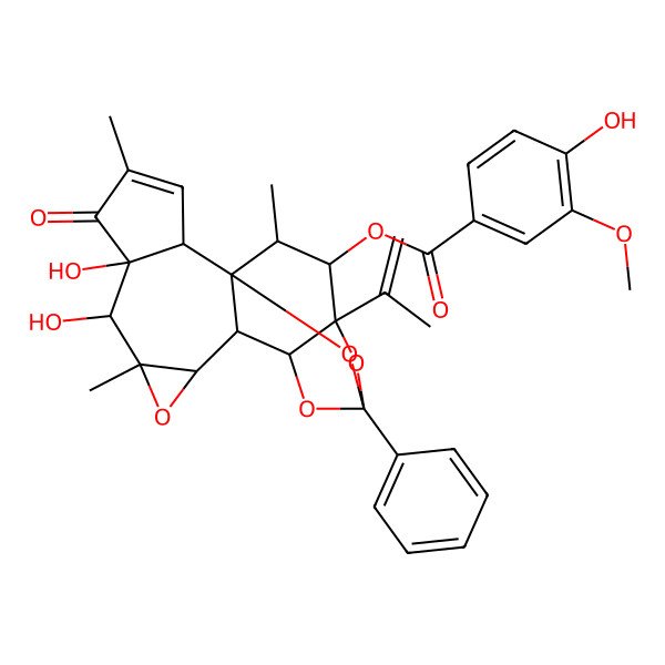 2D Structure of [(1R,2R,6S,7S,8R,10S,11S,12R,14S,16S,17S,18R)-6,7-dihydroxy-4,8,18-trimethyl-5-oxo-14-phenyl-16-prop-1-en-2-yl-9,13,15,19-tetraoxahexacyclo[12.4.1.01,11.02,6.08,10.012,16]nonadec-3-en-17-yl] 4-hydroxy-3-methoxybenzoate