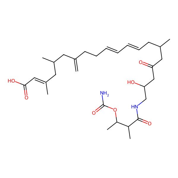 2D Structure of (2E,10Z,12E)-20-{[3-(carbamoyloxy)-2-methylbutanoyl]amino}-19-hydroxy-3,5,15-trimethyl-7-methylidene-17-oxoicosa-2,10,12-trienoic acid