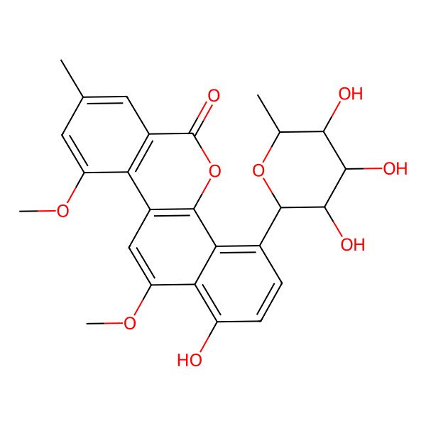 2D Structure of 1,5-Anhydro-6-deoxy-1-(1-hydroxy-10,12-dimethoxy-8-methyl-6-oxo-6H-benzo(d)naphtho(1,2-b)pyran-4-yl)hexitol