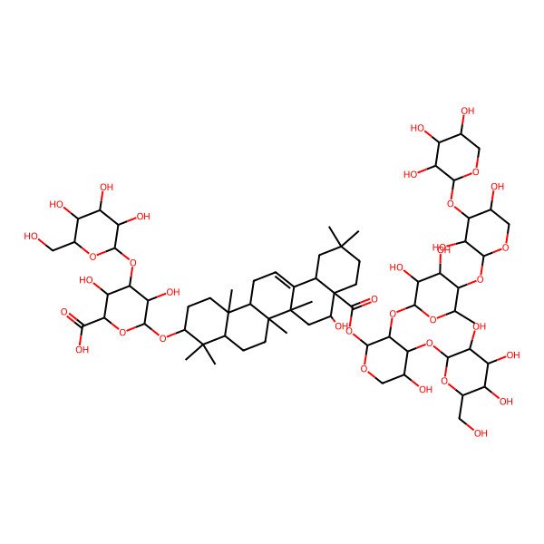 2D Structure of (2S,3S,4S,5R,6R)-6-[[(3S,4aR,6aR,6bS,8R,8aR,12aS,14aR,14bR)-8a-[(2R,3S,4R,5S)-3-[(2S,3R,4R,5R,6S)-5-[(2S,3R,4S,5R)-3,5-dihydroxy-4-[(2S,3R,4S,5R)-3,4,5-trihydroxyoxan-2-yl]oxyoxan-2-yl]oxy-3,4-dihydroxy-6-methyloxan-2-yl]oxy-5-hydroxy-4-[(2S,3R,4S,5S,6R)-3,4,5-trihydroxy-6-(hydroxymethyl)oxan-2-yl]oxyoxan-2-yl]oxycarbonyl-8-hydroxy-4,4,6a,6b,11,11,14b-heptamethyl-1,2,3,4a,5,6,7,8,9,10,12,12a,14,14a-tetradecahydropicen-3-yl]oxy]-3,5-dihydroxy-4-[(2S,3R,4S,5S,6R)-3,4,5-trihydroxy-6-(hydroxymethyl)oxan-2-yl]oxyoxane-2-carboxylic acid