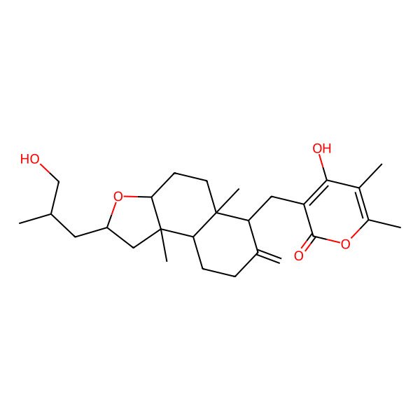 2D Structure of 4-hydroxy-3-[[2-(3-hydroxy-2-methylpropyl)-5a,9b-dimethyl-7-methylidene-2,3a,4,5,6,8,9,9a-octahydro-1H-benzo[e][1]benzofuran-6-yl]methyl]-5,6-dimethylpyran-2-one