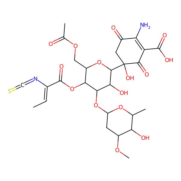 2D Structure of 5-[(3R,4S,5R,6R)-6-(acetyloxymethyl)-3-hydroxy-4-[(2R,4R,5S,6R)-5-hydroxy-4-methoxy-6-methyloxan-2-yl]oxy-5-[(Z)-2-isothiocyanatobut-2-enoyl]oxyoxan-2-yl]-2-amino-5-hydroxy-3,6-dioxocyclohexene-1-carboxylic acid