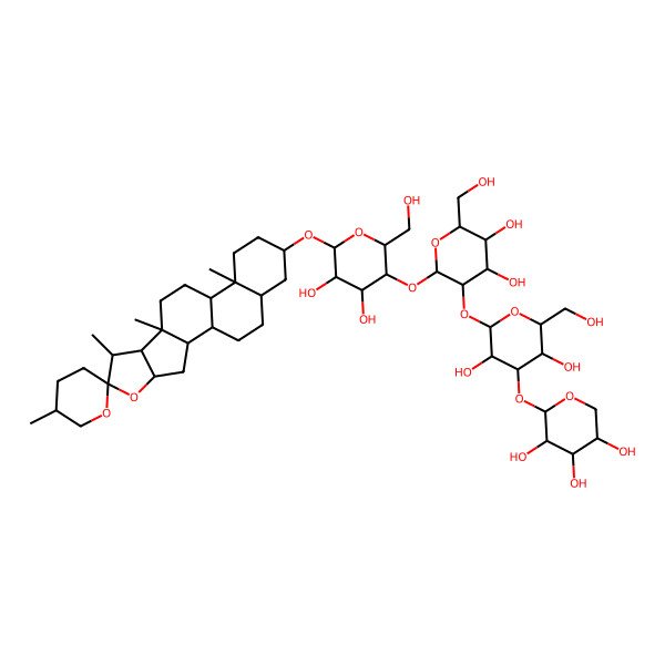 2D Structure of (2S,3R,4S,5R)-2-[(2S,3R,4S,5R,6R)-2-[(2S,3R,4S,5S,6R)-2-[(2R,3R,4R,5R,6R)-4,5-dihydroxy-2-(hydroxymethyl)-6-[(1R,2S,4S,5'R,6R,7S,8R,9S,12S,13S,16S,18S)-5',7,9,13-tetramethylspiro[5-oxapentacyclo[10.8.0.02,9.04,8.013,18]icosane-6,2'-oxane]-16-yl]oxyoxan-3-yl]oxy-4,5-dihydroxy-6-(hydroxymethyl)oxan-3-yl]oxy-3,5-dihydroxy-6-(hydroxymethyl)oxan-4-yl]oxyoxane-3,4,5-triol