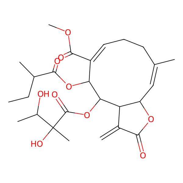 2D Structure of Methyl 4-(2,3-dihydroxy-2-methylbutanoyl)oxy-10-methyl-5-(2-methylbutanoyloxy)-3-methylidene-2-oxo-3a,4,5,8,9,11a-hexahydrocyclodeca[b]furan-6-carboxylate