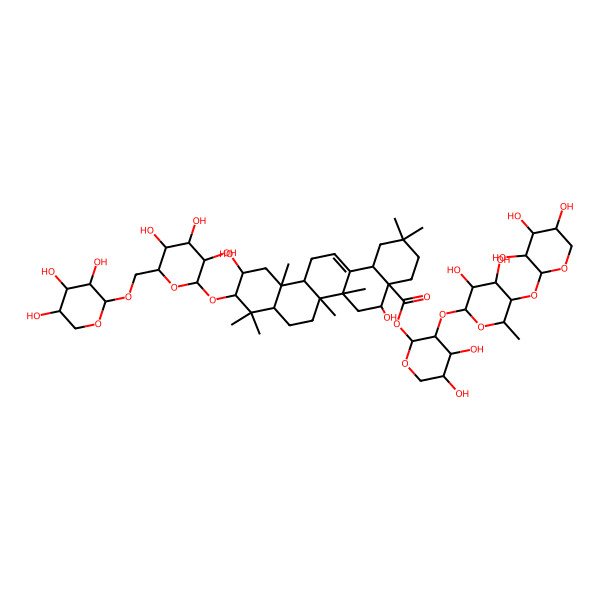 2D Structure of [(2S,3R,4S,5R)-3-[(2S,3R,4S,5R,6S)-3,4-dihydroxy-6-methyl-5-[(2S,3R,4S,5R)-3,4,5-trihydroxyoxan-2-yl]oxyoxan-2-yl]oxy-4,5-dihydroxyoxan-2-yl] (4aR,5R,6aR,6aS,6bR,8aR,10R,11S,12aR,14bS)-5,11-dihydroxy-2,2,6a,6b,9,9,12a-heptamethyl-10-[(2R,3R,4S,5S,6R)-3,4,5-trihydroxy-6-[[(2S,3R,4S,5S)-3,4,5-trihydroxyoxan-2-yl]oxymethyl]oxan-2-yl]oxy-1,3,4,5,6,6a,7,8,8a,10,11,12,13,14b-tetradecahydropicene-4a-carboxylate