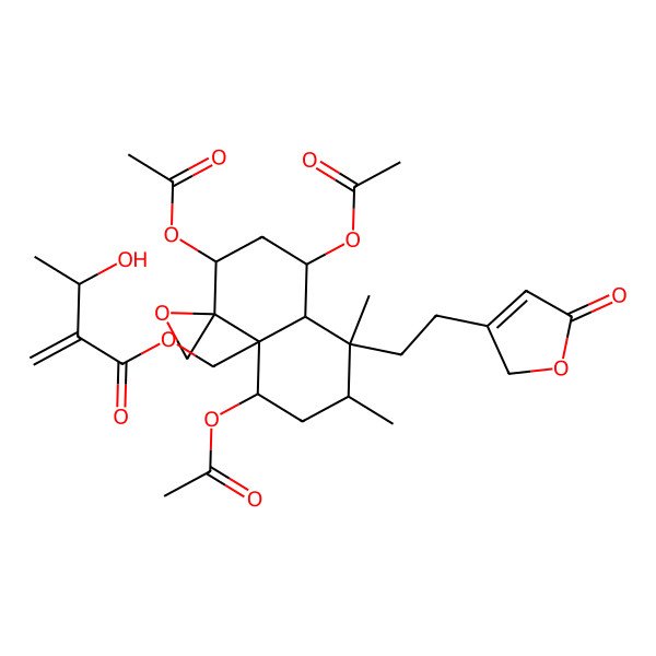 2D Structure of [(1S,3S,4R,4aR,5S,7R,8S,8aR)-1,3,5-triacetyloxy-7,8-dimethyl-8-[2-(5-oxo-2H-furan-3-yl)ethyl]spiro[2,3,5,6,7,8a-hexahydro-1H-naphthalene-4,2'-oxirane]-4a-yl]methyl 3-hydroxy-2-methylidenebutanoate