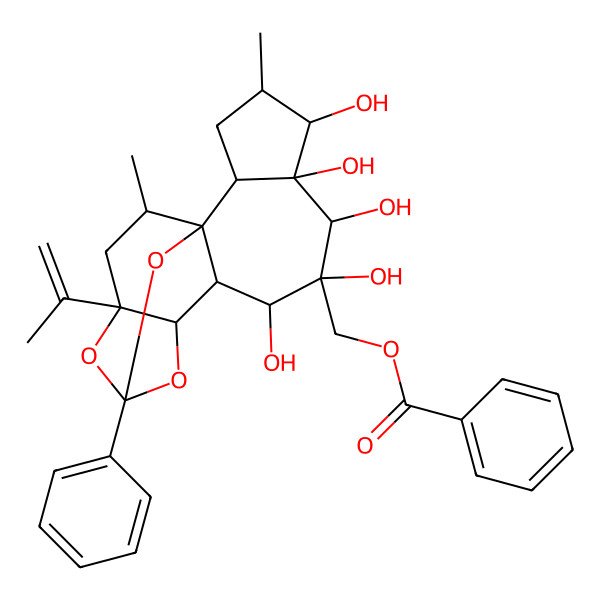 2D Structure of (5,6,7,8,9-Pentahydroxy-4,17-dimethyl-13-phenyl-15-prop-1-en-2-yl-12,14,18-trioxapentacyclo[11.4.1.01,10.02,6.011,15]octadecan-8-yl)methyl benzoate