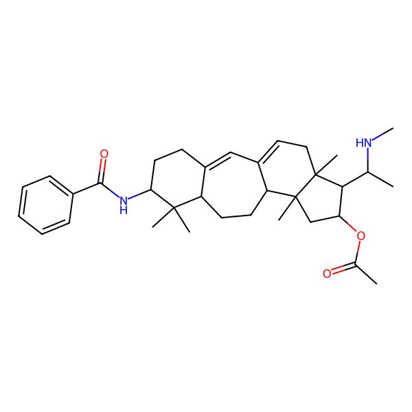 2D Structure of [(6S,8R,11R,12S,14R,15S,16R)-6-benzamido-7,7,12,16-tetramethyl-15-[(1S)-1-(methylamino)ethyl]-14-tetracyclo[9.7.0.03,8.012,16]octadeca-1(18),2-dienyl] acetate