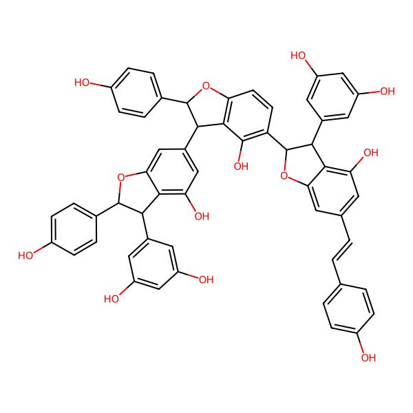 2D Structure of 5-[(2S,3S)-6-[(2S,3S)-5-[(2S,3S)-3-(3,5-dihydroxyphenyl)-4-hydroxy-6-[(E)-2-(4-hydroxyphenyl)ethenyl]-2,3-dihydro-1-benzofuran-2-yl]-4-hydroxy-2-(4-hydroxyphenyl)-2,3-dihydro-1-benzofuran-3-yl]-4-hydroxy-2-(4-hydroxyphenyl)-2,3-dihydro-1-benzofuran-3-yl]benzene-1,3-diol